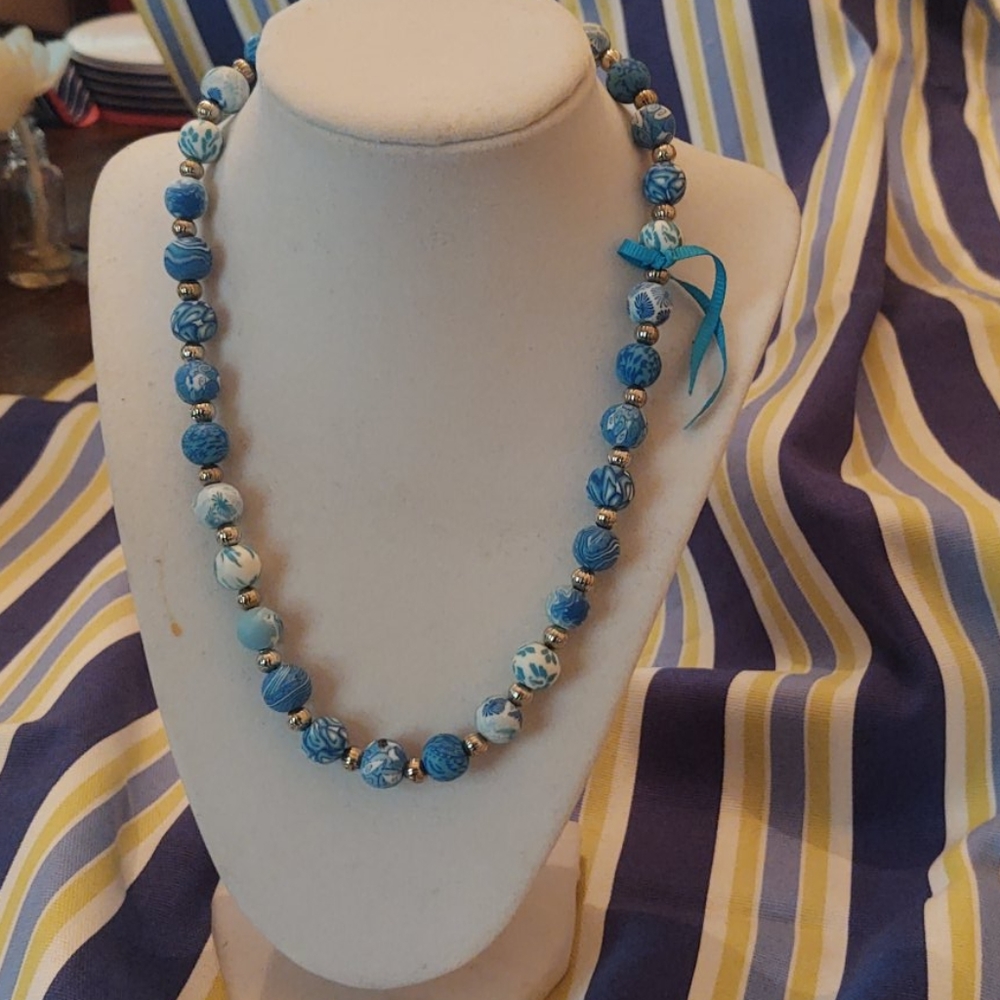 Necklace, clay and silver beads